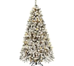 COSTWAY Sapin Et Accessoire^ Sapin De Noël Artificiel 135Cm, Flocons De Neige Avec 295 Branches 150 Lumieres Led En Pvc Support