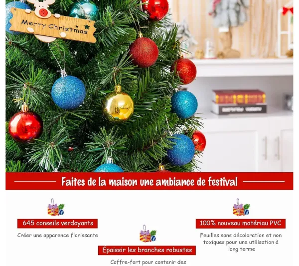 COSTWAY Sapin Et Accessoire^ Sapin De Noël Artificiel Luxuriant 180 Cm En Fleurs Avec 645 Branches Support En Metal Pliable 100%