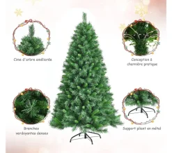 COSTWAY Sapin Et Accessoire^ Sapin De Noël Artificiel Luxuriant 180 Cm En Fleurs Avec 645 Branches Support En Metal Pliable 100%