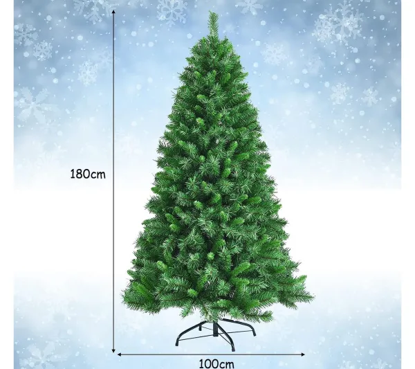 COSTWAY Sapin Et Accessoire^ Sapin De Noël Artificiel Luxuriant 180 Cm En Fleurs Avec 645 Branches Support En Metal Pliable 100%