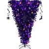 COSTWAY Sapin Et Accessoire^ Sapin De Noël Artificiel Noir 180 Cm Inverse Arbre D'Halloween Avec 270 Lumieres Led Violettes Décor