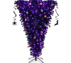 COSTWAY Sapin Et Accessoire^ Sapin De Noël Artificiel Noir 180 Cm Inverse Arbre D'Halloween Avec 270 Lumieres Led Violettes Décor