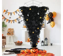 COSTWAY Sapin Et Accessoire^ Sapin De Noël Artificiel Noir 180 Cm Inverse Arbre D'Halloween Avec 270 Lumieres Led Violettes Décor