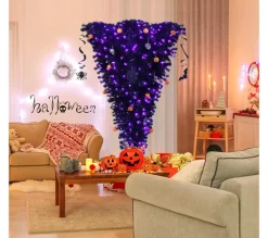 COSTWAY Sapin Et Accessoire^ Sapin De Noël Artificiel Noir 180 Cm Inverse Arbre D'Halloween Avec 270 Lumieres Led Violettes Décor