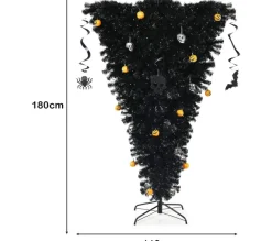 COSTWAY Sapin Et Accessoire^ Sapin De Noël Artificiel Noir 180 Cm Inverse Arbre D'Halloween Avec 270 Lumieres Led Violettes Décor