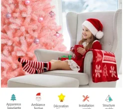 COSTWAY Sapin Et Accessoire^ Sapin De Noël Artificiel Rose 180 Cm Charnieres Avec 1036 Rameaux Base Metallique Pliable Pvc 100