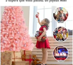 COSTWAY Sapin Et Accessoire^ Sapin De Noël Artificiel Rose 180 Cm Charnieres Avec 1036 Rameaux Base Metallique Pliable Pvc 100