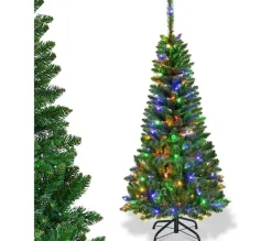 COSTWAY Sapin Et Accessoire^ Sapin De Noël Artificiel Led Et Longiforme 225 Cm Avec 350 Led Lumieres Colorees Feuilles
