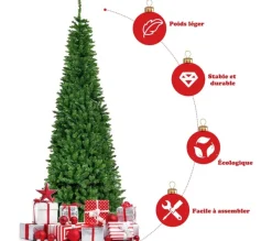 COSTWAY Sapin Et Accessoire^ Sapin De Noël Artificiel Led Et Longiforme 225 Cm Avec 350 Led Lumieres Colorees Feuilles