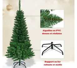 COSTWAY Sapin Et Accessoire^ Sapin De Noël Artificiel Led Et Longiforme 225 Cm Avec 350 Led Lumieres Colorees Feuilles
