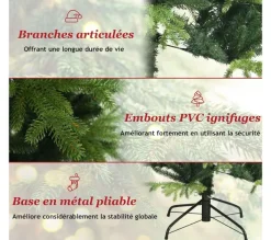 COSTWAY Sapin Et Accessoire^ Sapin De Noël Artificiel 180 Cm 1462 Rameaux En Pe Et Pvc Ignifuges Pietement Metallique Forme De Cr