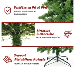 COSTWAY Sapin Et Accessoire^ Sapin De Noël Artificiel 180 Cm Avec 270 Lumieres Led 648 Rameaux Et Support Metallique Pliable