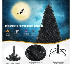 COSTWAY Sapin Et Accessoire^ Sapin De Noël Artificiel 225 Cm Noir 1749 Rameaux Denses Charnieres Support Metallique Pliable