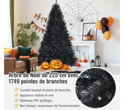 COSTWAY Sapin Et Accessoire^ Sapin De Noël Artificiel 225 Cm Noir 1749 Rameaux Denses Charnieres Support Metallique Pliable