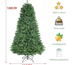COSTWAY Sapin Et Accessoire^ Sapin De Noël Artificiel 180 Cm Avec 1130 Rameaux Denses Support Metallique Pliable Charnieres