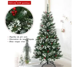 COSTWAY Sapin Et Accessoire^ Sapin De Noël Artificiel 150 Cm Avec Flocons De Neige Avec Baies Rouges Dense,Base En Metal 100% Pvc