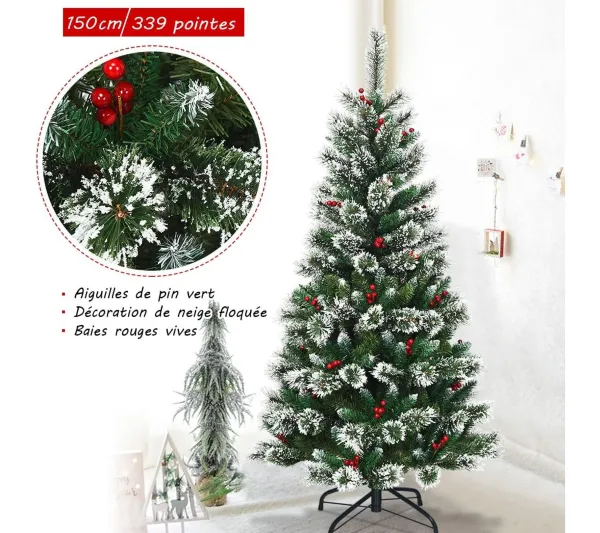 COSTWAY Sapin Et Accessoire^ Sapin De Noël Artificiel 150 Cm Avec Flocons De Neige Avec Baies Rouges Dense,Base En Metal 100% Pvc