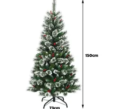 COSTWAY Sapin Et Accessoire^ Sapin De Noël Artificiel 150 Cm Avec Flocons De Neige Avec Baies Rouges Dense,Base En Metal 100% Pvc