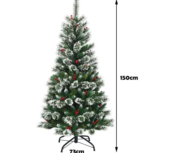 COSTWAY Sapin Et Accessoire^ Sapin De Noël Artificiel 150 Cm Avec Flocons De Neige Avec Baies Rouges Dense,Base En Metal 100% Pvc