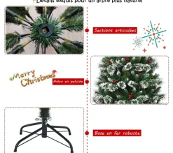 COSTWAY Sapin Et Accessoire^ Sapin De Noël Artificiel 150 Cm Avec Flocons De Neige Avec Baies Rouges Dense,Base En Metal 100% Pvc