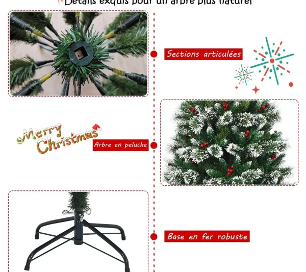 COSTWAY Sapin Et Accessoire^ Sapin De Noël Artificiel 150 Cm Avec Flocons De Neige Avec Baies Rouges Dense,Base En Metal 100% Pvc