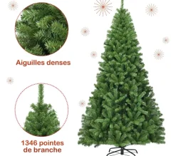 COSTWAY Sapin Et Accessoire^ Sapin De Noël Artificiel 225Cm, Aiguilles En Pvc Avec 1346 Branches Pied Metallique Solide