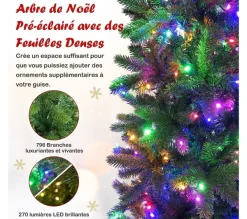 COSTWAY Sapin Et Accessoire^ Sapin De Noël Artificiel 225 Cm Avec 350 Lumieres Led 796 Rameaux Et Support Metallique Pliable