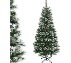 COSTWAY Sapin Et Accessoire^ Sapin De Noël Artificiel 210 Cm Avec Flocons De Neige Avec Baies Rouges Dense,Base En Metal 100% Pvc