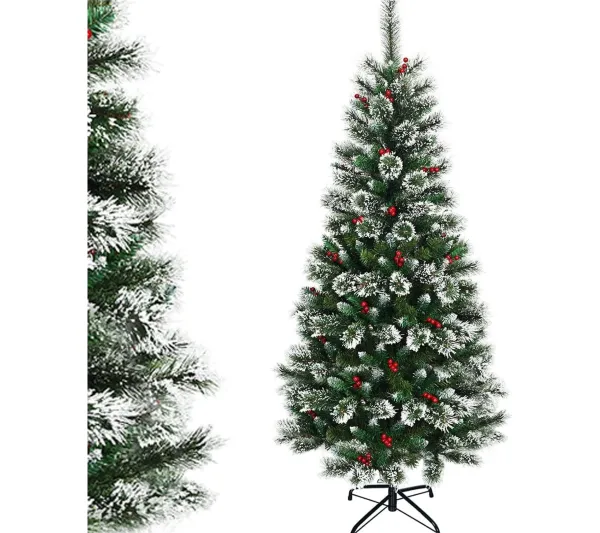 COSTWAY Sapin Et Accessoire^ Sapin De Noël Artificiel 210 Cm Avec Flocons De Neige Avec Baies Rouges Dense,Base En Metal 100% Pvc