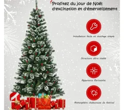 COSTWAY Sapin Et Accessoire^ Sapin De Noël Artificiel 210 Cm Avec Flocons De Neige Avec Baies Rouges Dense,Base En Metal 100% Pvc