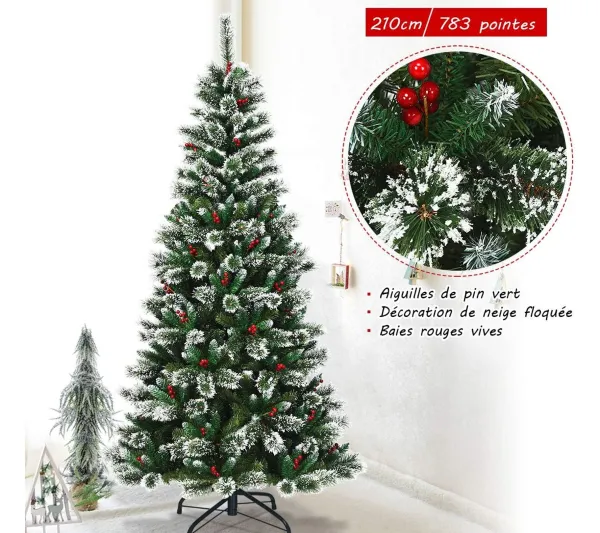 COSTWAY Sapin Et Accessoire^ Sapin De Noël Artificiel 210 Cm Avec Flocons De Neige Avec Baies Rouges Dense,Base En Metal 100% Pvc