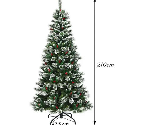 COSTWAY Sapin Et Accessoire^ Sapin De Noël Artificiel 210 Cm Avec Flocons De Neige Avec Baies Rouges Dense,Base En Metal 100% Pvc