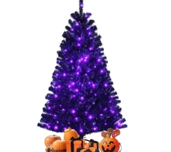 COSTWAY Sapin Et Accessoire^ Sapin De Noël Artificiel 150 Cm Avec 180 Lumieres Led Violettes Support En Metal Décoratif De Noël