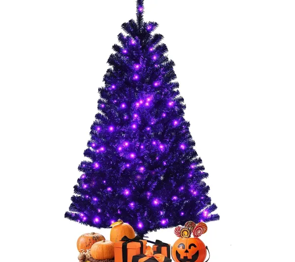 COSTWAY Sapin Et Accessoire^ Sapin De Noël Artificiel 150 Cm Avec 180 Lumieres Led Violettes Support En Metal Décoratif De Noël