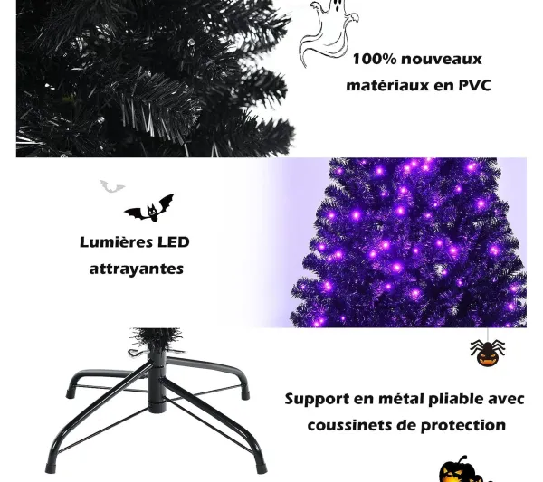 COSTWAY Sapin Et Accessoire^ Sapin De Noël Artificiel 150 Cm Avec 180 Lumieres Led Violettes Support En Metal Décoratif De Noël