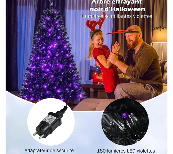 COSTWAY Sapin Et Accessoire^ Sapin De Noël Artificiel 150 Cm Avec 180 Lumieres Led Violettes Support En Metal Décoratif De Noël