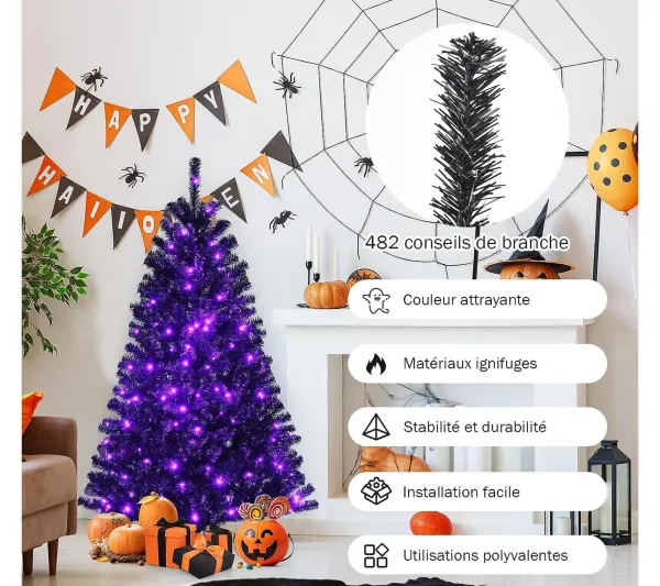 COSTWAY Sapin Et Accessoire^ Sapin De Noël Artificiel 150 Cm Avec 180 Lumieres Led Violettes Support En Metal Décoratif De Noël