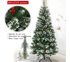 COSTWAY Sapin Et Accessoire^ Sapin De Noël Artificiel 180 Cm Avec Flocons De Neige Avec Baies Rouges Dense,Base En Metal 100% Pvc