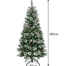 COSTWAY Sapin Et Accessoire^ Sapin De Noël Artificiel 180 Cm Avec Flocons De Neige Avec Baies Rouges Dense,Base En Metal 100% Pvc