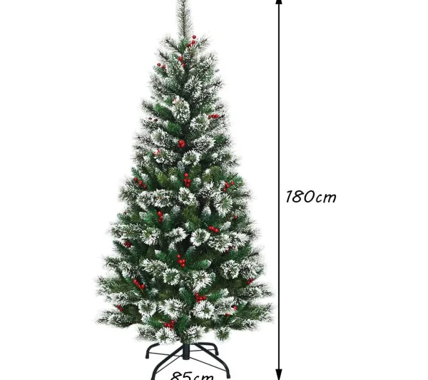 COSTWAY Sapin Et Accessoire^ Sapin De Noël Artificiel 180 Cm Avec Flocons De Neige Avec Baies Rouges Dense,Base En Metal 100% Pvc
