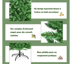 COSTWAY Sapin Et Accessoire^ Sapin De Noël Artificiel 180 Cm Avec Lumieres Blanc Chaud 743 Branches,Support En Fer Robuste,Instal