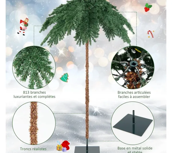 COSTWAY Sapin Et Accessoire^ Sapin De Noël Artificiel De 180 Cm, Palmier De Noël Pre-Illumine Avec 250 Lumieres Led Blanc Chaud