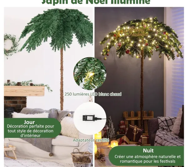 COSTWAY Sapin Et Accessoire^ Sapin De Noël Artificiel De 180 Cm, Palmier De Noël Pre-Illumine Avec 250 Lumieres Led Blanc Chaud