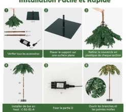 COSTWAY Sapin Et Accessoire^ Sapin De Noël Artificiel De 180 Cm, Palmier De Noël Pre-Illumine Avec 250 Lumieres Led Blanc Chaud