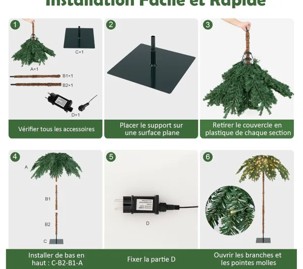 COSTWAY Sapin Et Accessoire^ Sapin De Noël Artificiel De 180 Cm, Palmier De Noël Pre-Illumine Avec 250 Lumieres Led Blanc Chaud