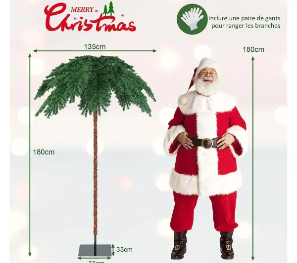 COSTWAY Sapin Et Accessoire^ Sapin De Noël Artificiel De 180 Cm, Palmier De Noël Pre-Illumine Avec 250 Lumieres Led Blanc Chaud