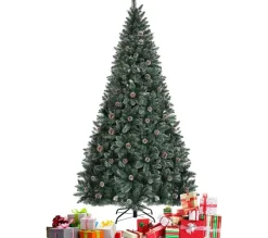 COSTWAY Sapin Et Accessoire^ Sapin De Noël 225Cm Pre-Décore Avec 1400 Pointes Blanches Des Feuilles D'Aiguilles Etoffee 89 Pommes
