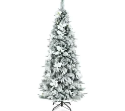 COSTWAY Sapin Et Accessoire^ Sapin De Noël Enneigees Longiligne 180 Cm Avec 300 Baies Blanches Et Roses Support Metallique Pliabl