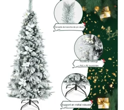 COSTWAY Sapin Et Accessoire^ Sapin De Noël Enneigees Longiligne 180 Cm Avec 300 Baies Blanches Et Roses Support Metallique Pliabl