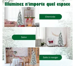 COSTWAY Sapin Et Accessoire^ Sapin De Noël Enneigees Longiligne 180 Cm Avec 300 Baies Blanches Et Roses Support Metallique Pliabl